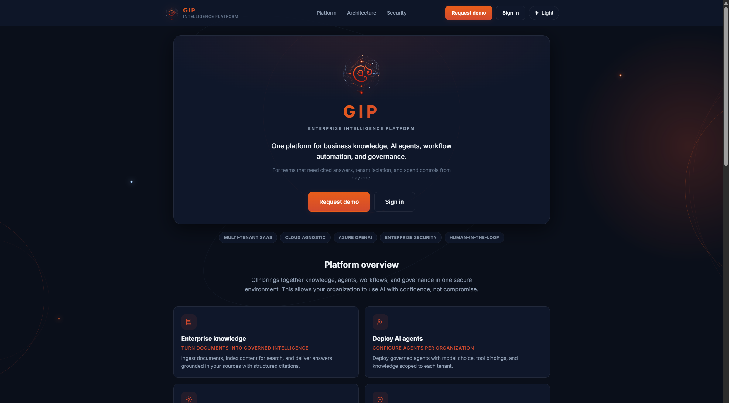 GIP enterprise intelligence platform, document search with cited answers